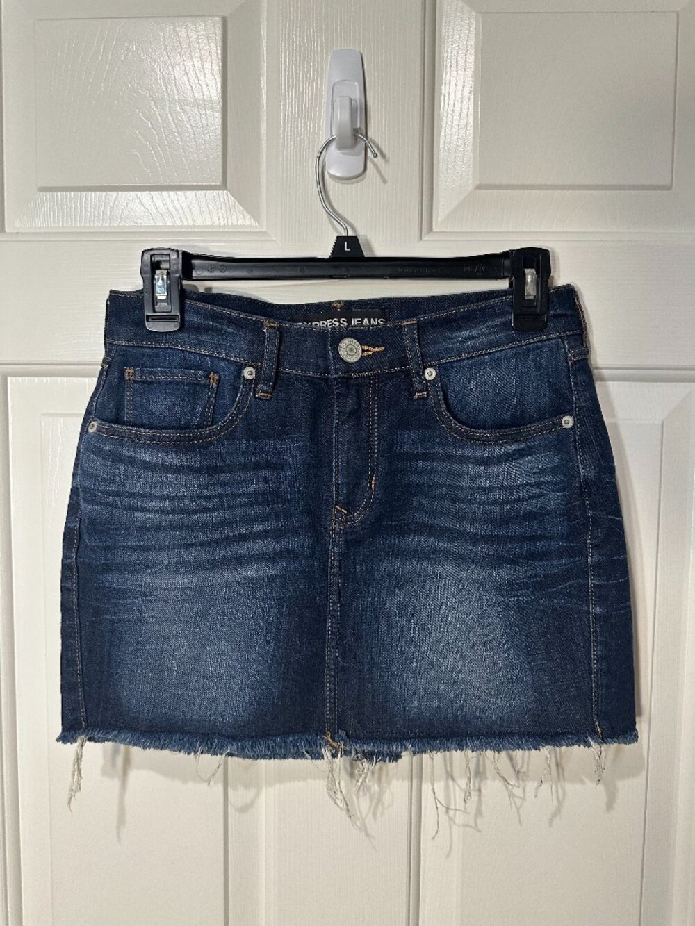 Express Dark Wash Distressed Denim Mini Skirt with Frayed Hem - Size 0 NWOT